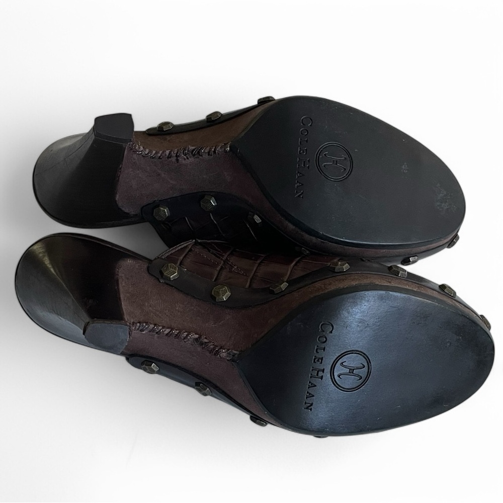 Cole Haan Women's Kenna Brown Croc Leather Platform Heeled Mules Studded Sz: 6 - Picture 6 of 9